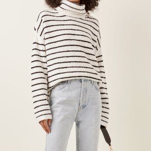 ATM Stripe Chenille Sweater Funnel Neck Fuzzy Black White XL